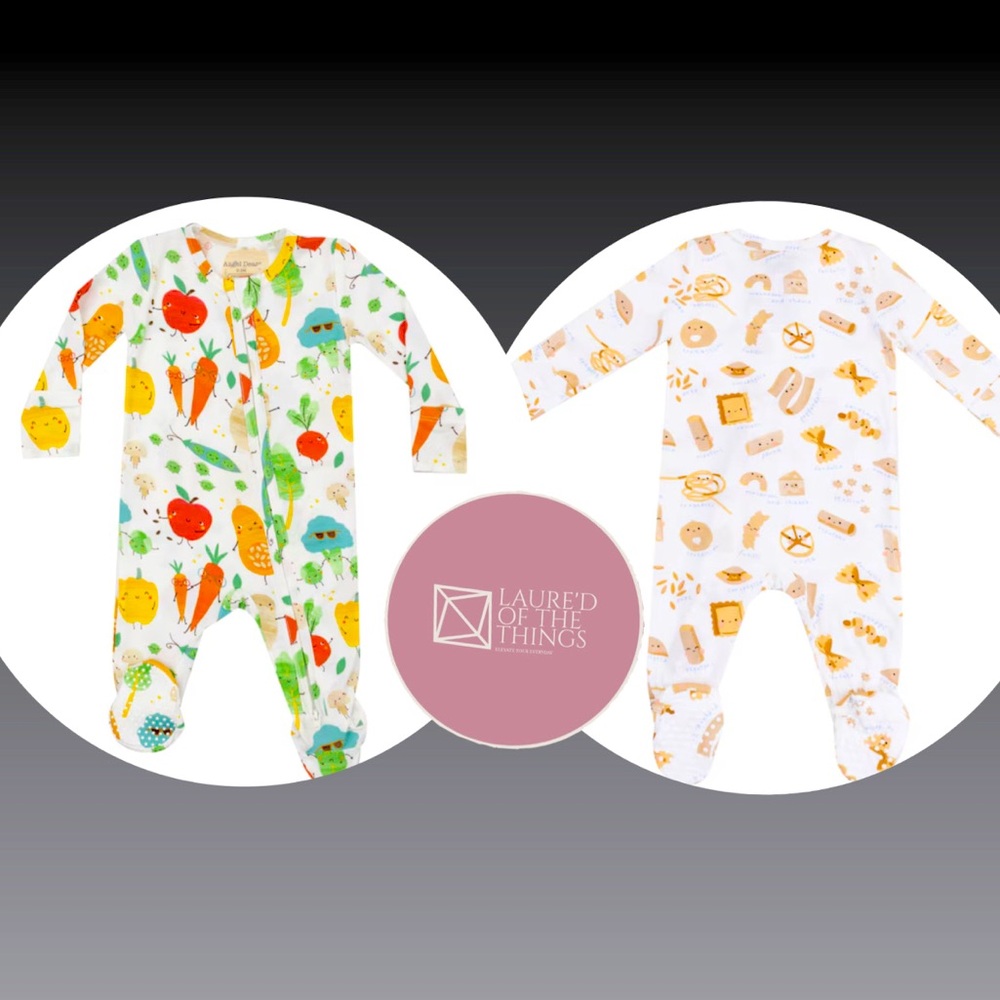 2- 0-3 month NWT Angel Dear Zippered Onesies- Fun food pasta & Veggies